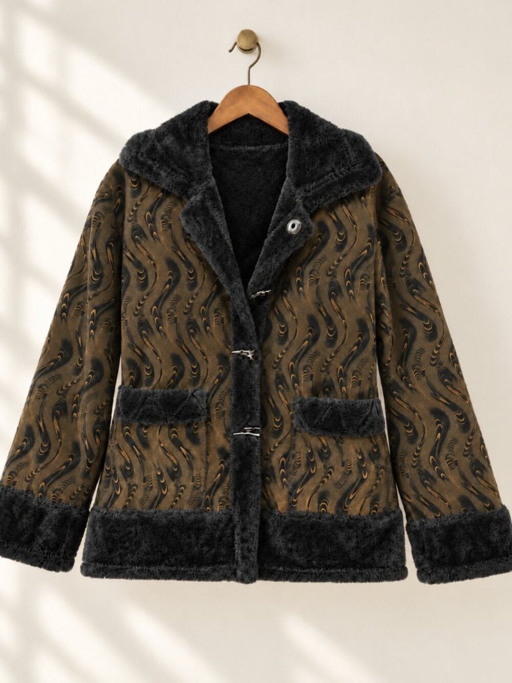 Vintage-Style Boho Plush Jacket, Brown Black & Gold Swirl, Sherpa Trim, Size M/L